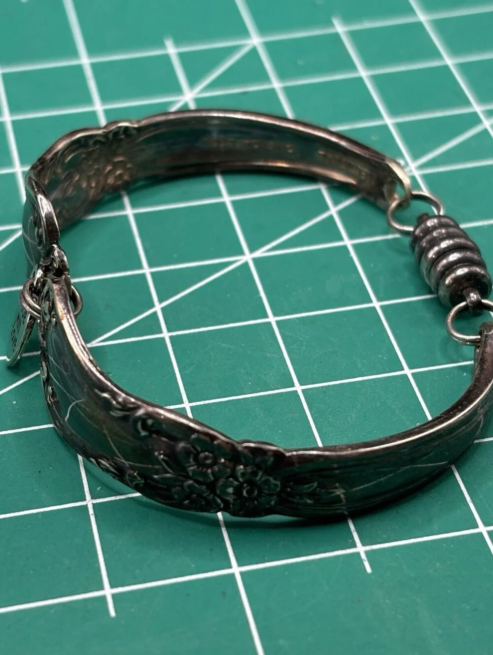 Vintage Silver Tone Silverware Flatware Spoon Bracelet Handmade Patina 7” Floral